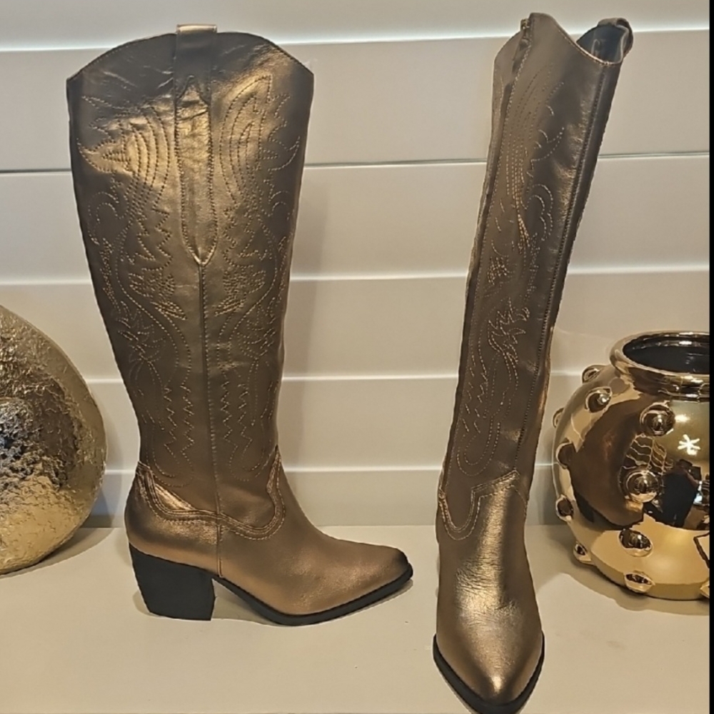 New Gianni Bini Metallic Gold Tall Western Boots